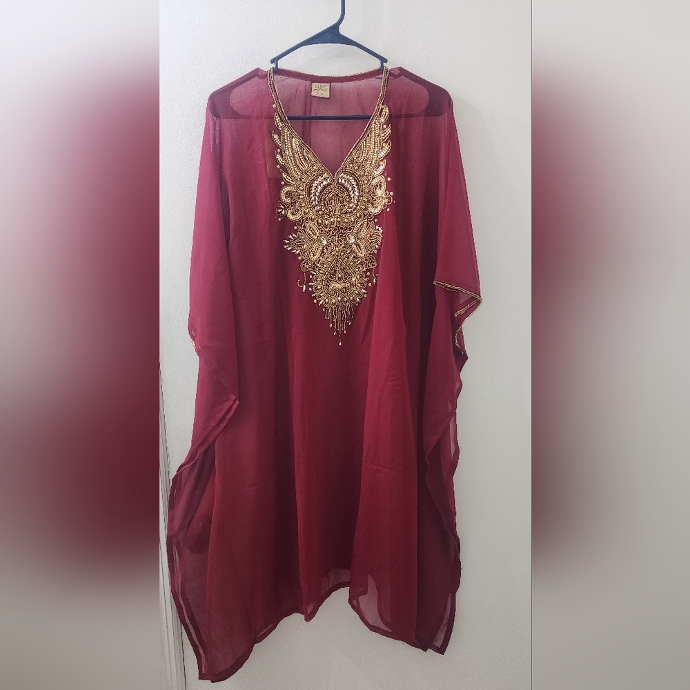 Elegant Red Kaftan with‎ Gold Embellishments